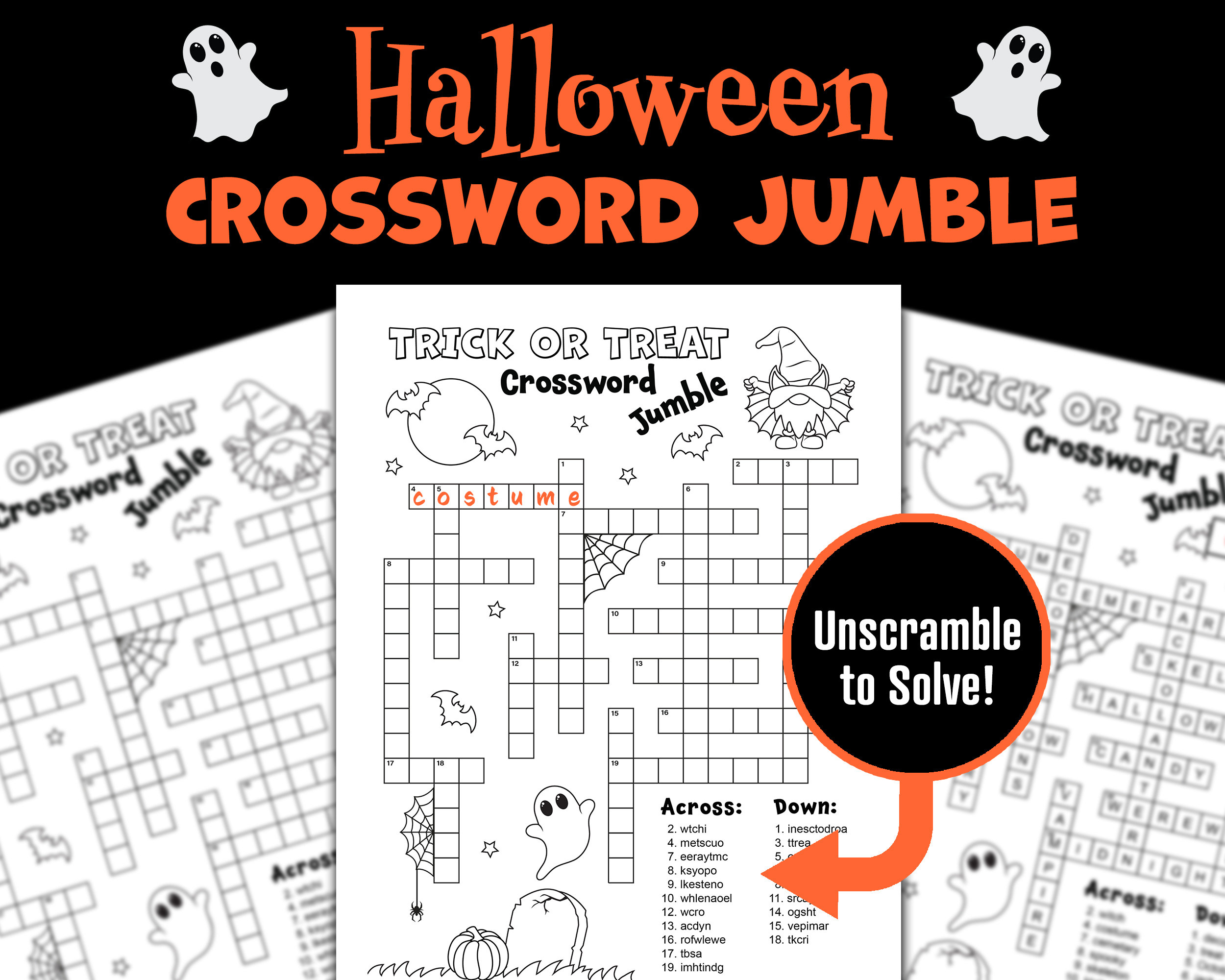 Halloween crossword puzzle printable word scramble fall activity kids activity word game learning activity autumn printable instant download