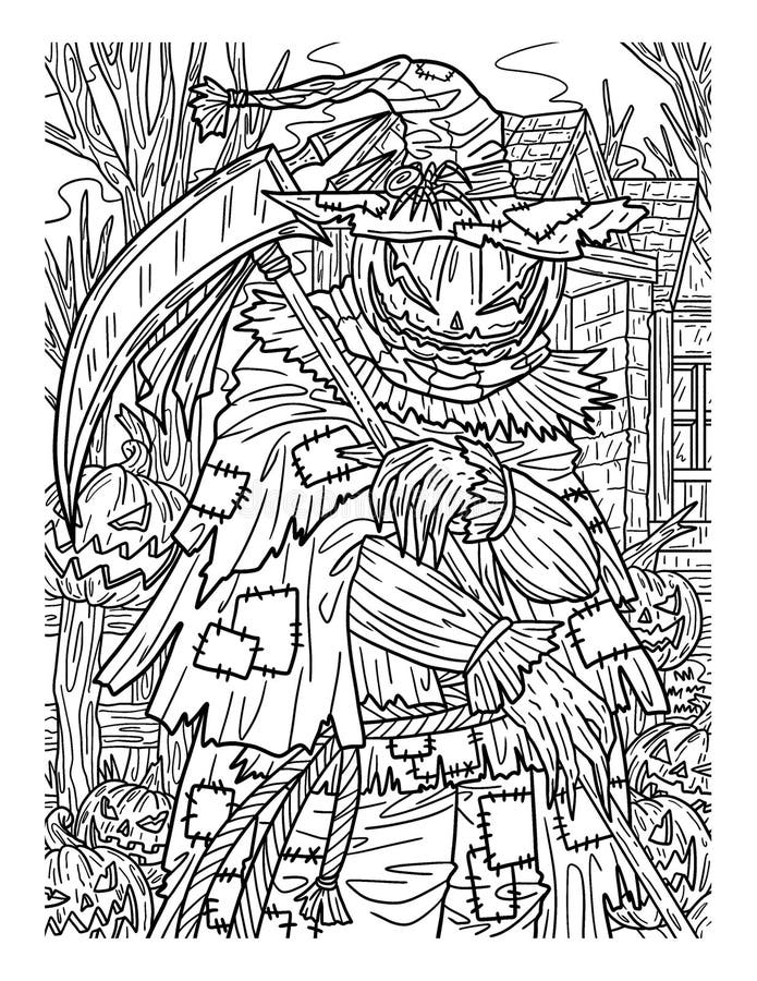 Halloween scarecrow scythe adults coloring page stock vector