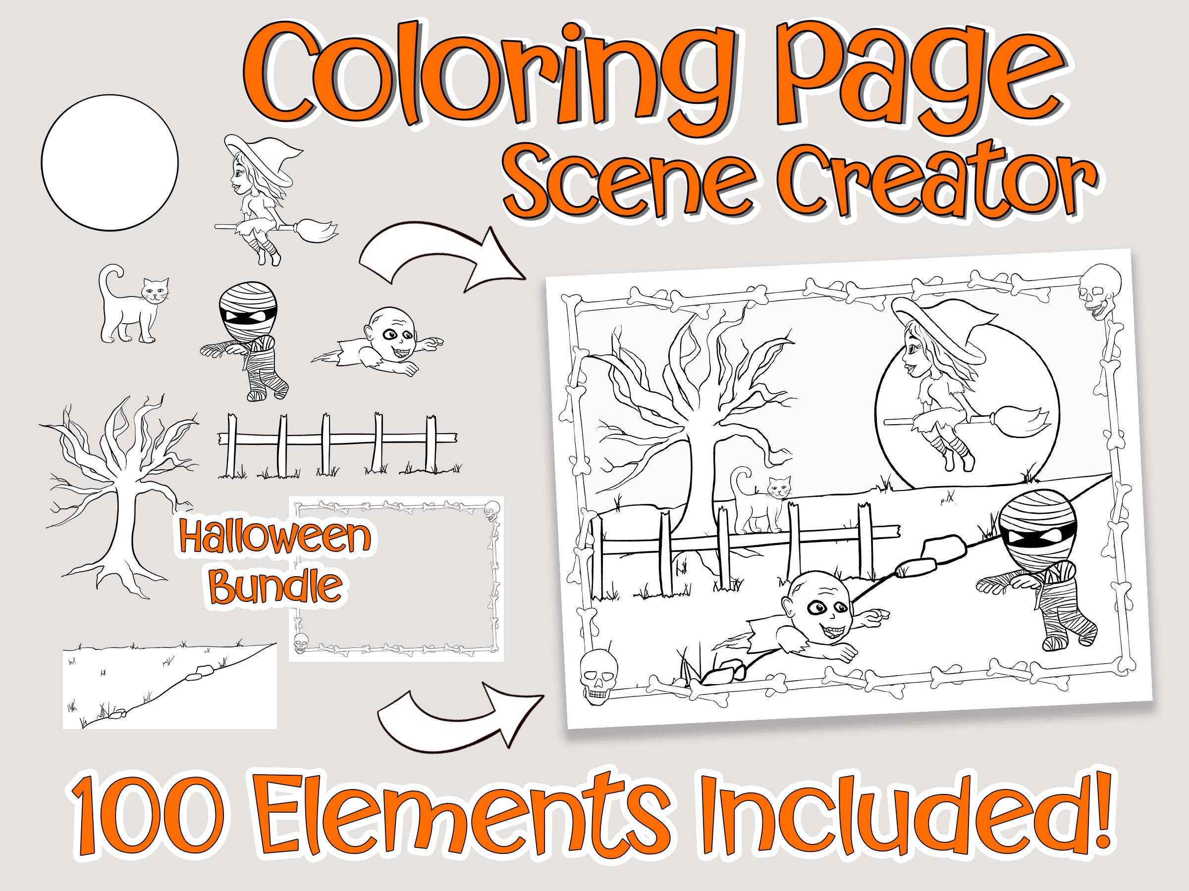 Halloween coloring page scene creator bundle witches zombies mummies skeletons create your own kdp interiors and coloring pages