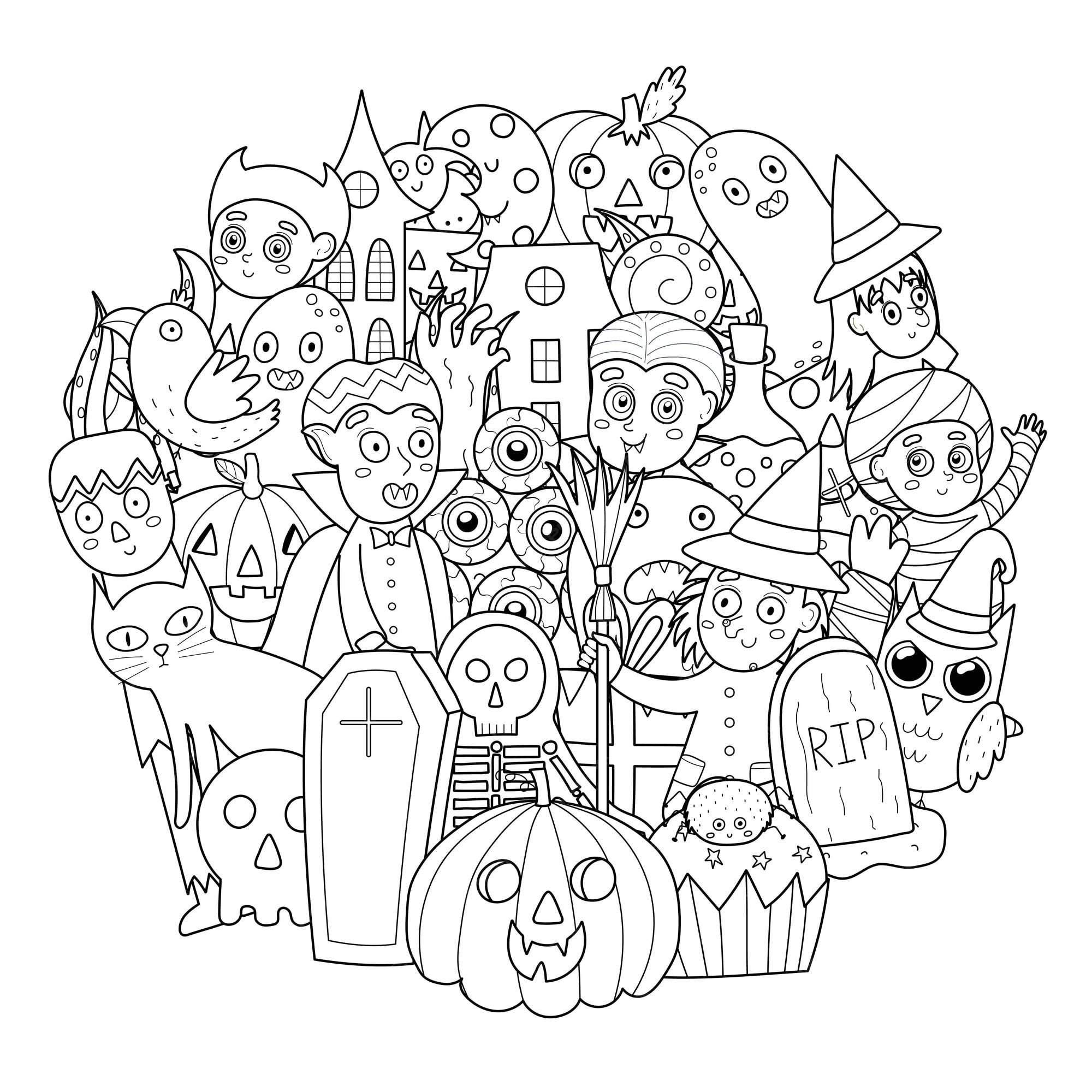 Premium vector doodle halloween characters coloring page spooky circle shape print halloween black and white