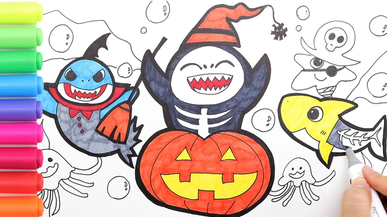 Glitter baby shark halloween coloring pagehow to draw baby shark halloweenbaby shark pinkfong
