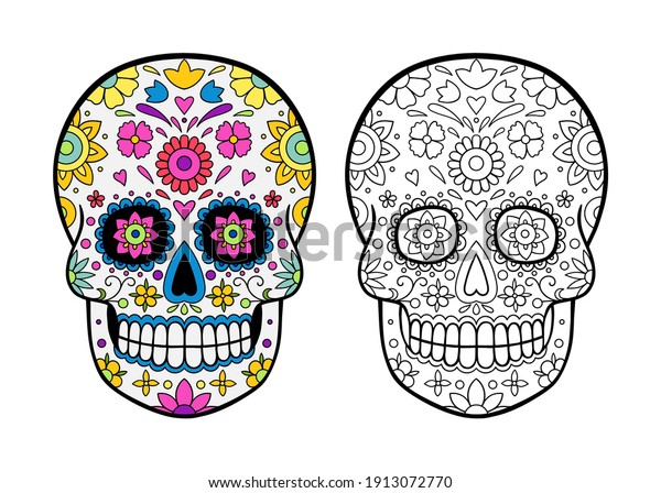 Halloween sugar skulls coloring page stock