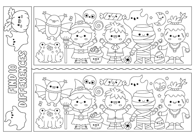 Premium vector halloween black and white find differences game attention skills line activity with cute witch vampire mummy puzzle for kids or coloring page printable what is different worksheet