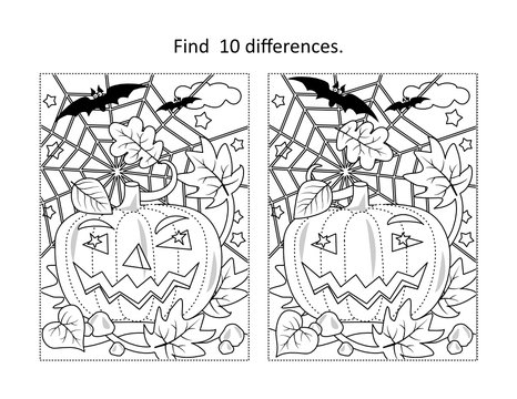 Find differences visual puzzle and coloring page with halloween pumpkin bats spiderweb vector