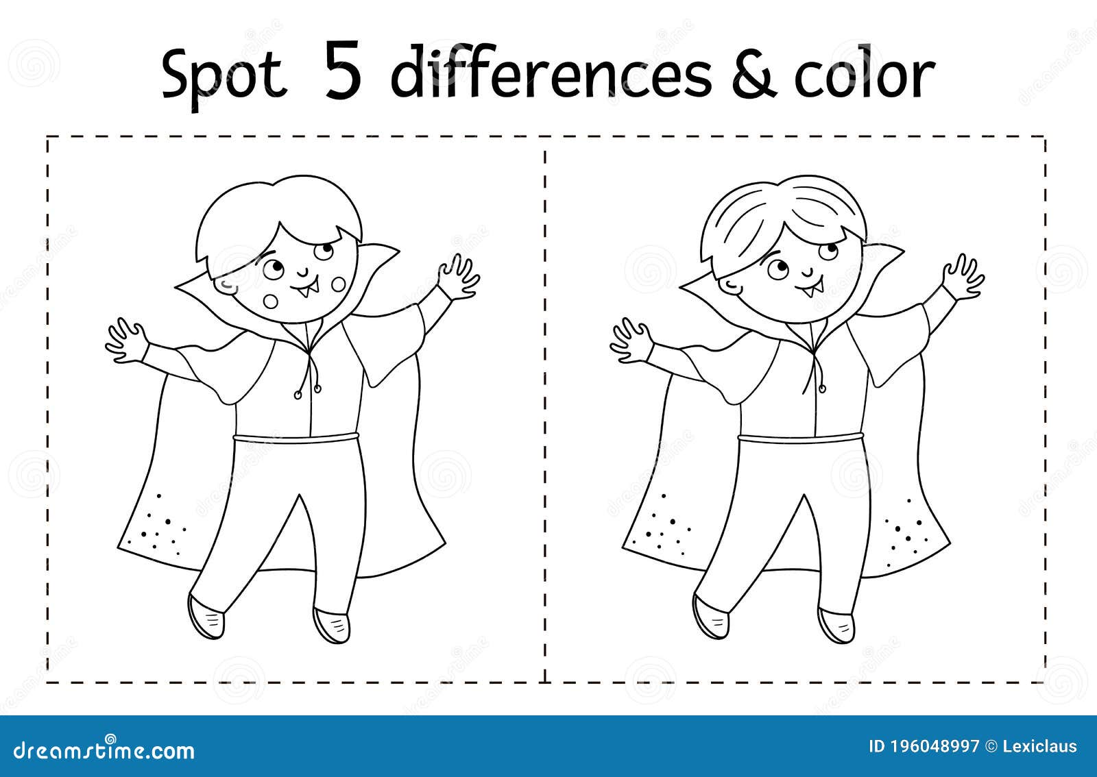 Halloween black and white find differences game for children autumn educational activity with funny vampire stock vector