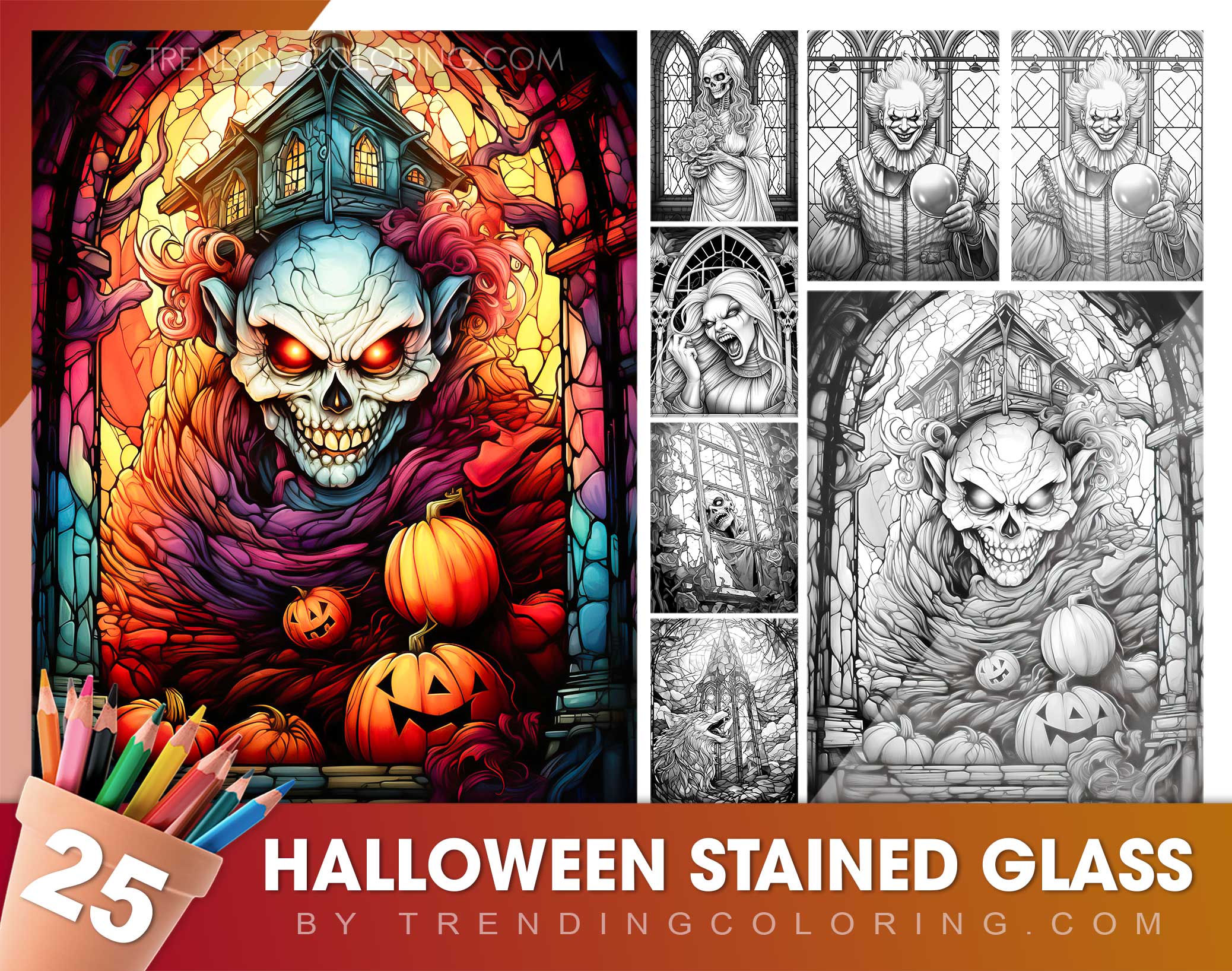 Halloween stained glass grayscale coloring pages
