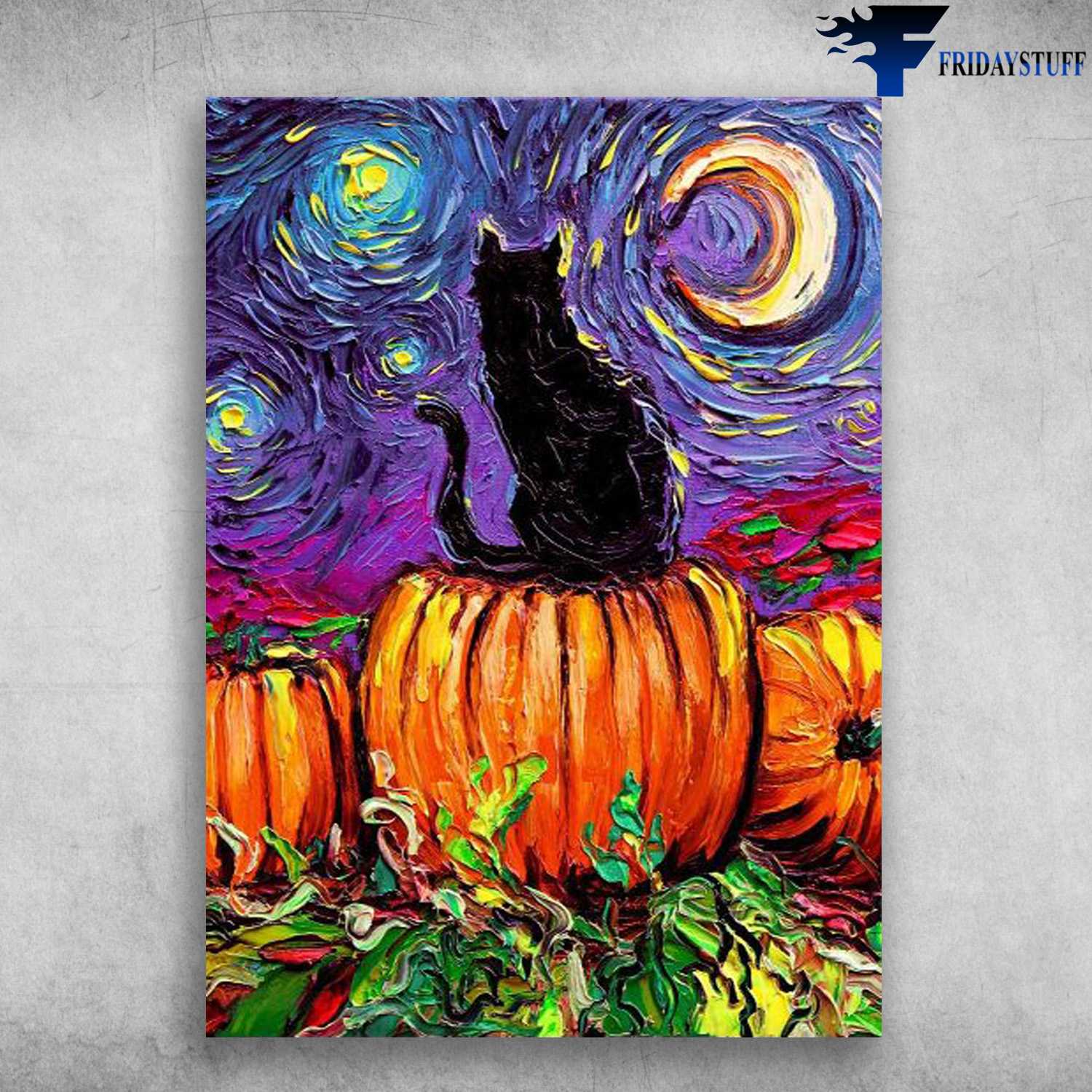 Pumpkin black cat halloween day starry night vincent van gogh