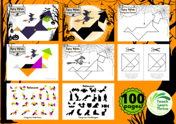 Spooky halloween tangram puzzles solutions full color and bw