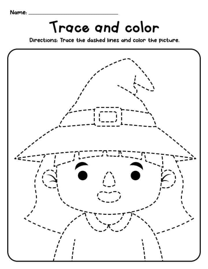 A girl on halloween tracing coloring page