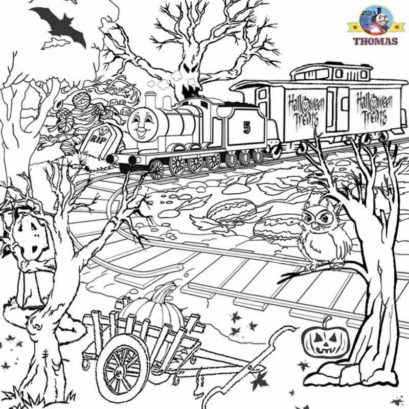 Printabletrickortreatcoloringhalloweenghosttrainjamestanktreetroublescarywooâ halloween coloring sheets halloween coloring halloween coloring pages