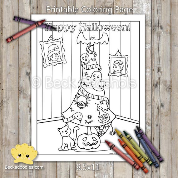 Printable halloween tree coloring page digital download hand