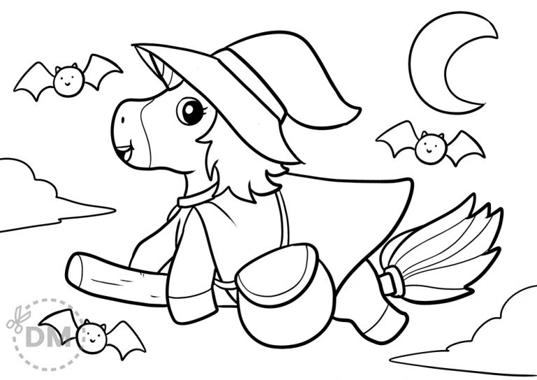 Halloween witch unicorn coloring page