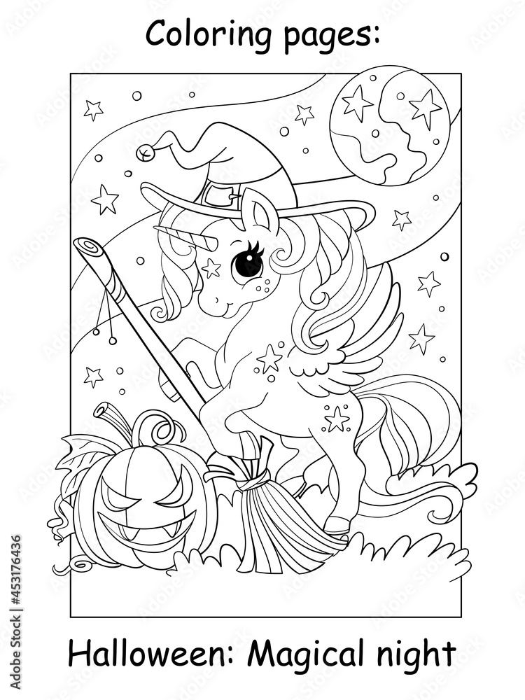 Coloring book page cute unicorn witch halloween vector