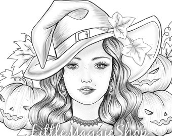 Coloring page halloween witch printable sheet halloween colouring page grayscale digital coloring stress relief digital stamp
