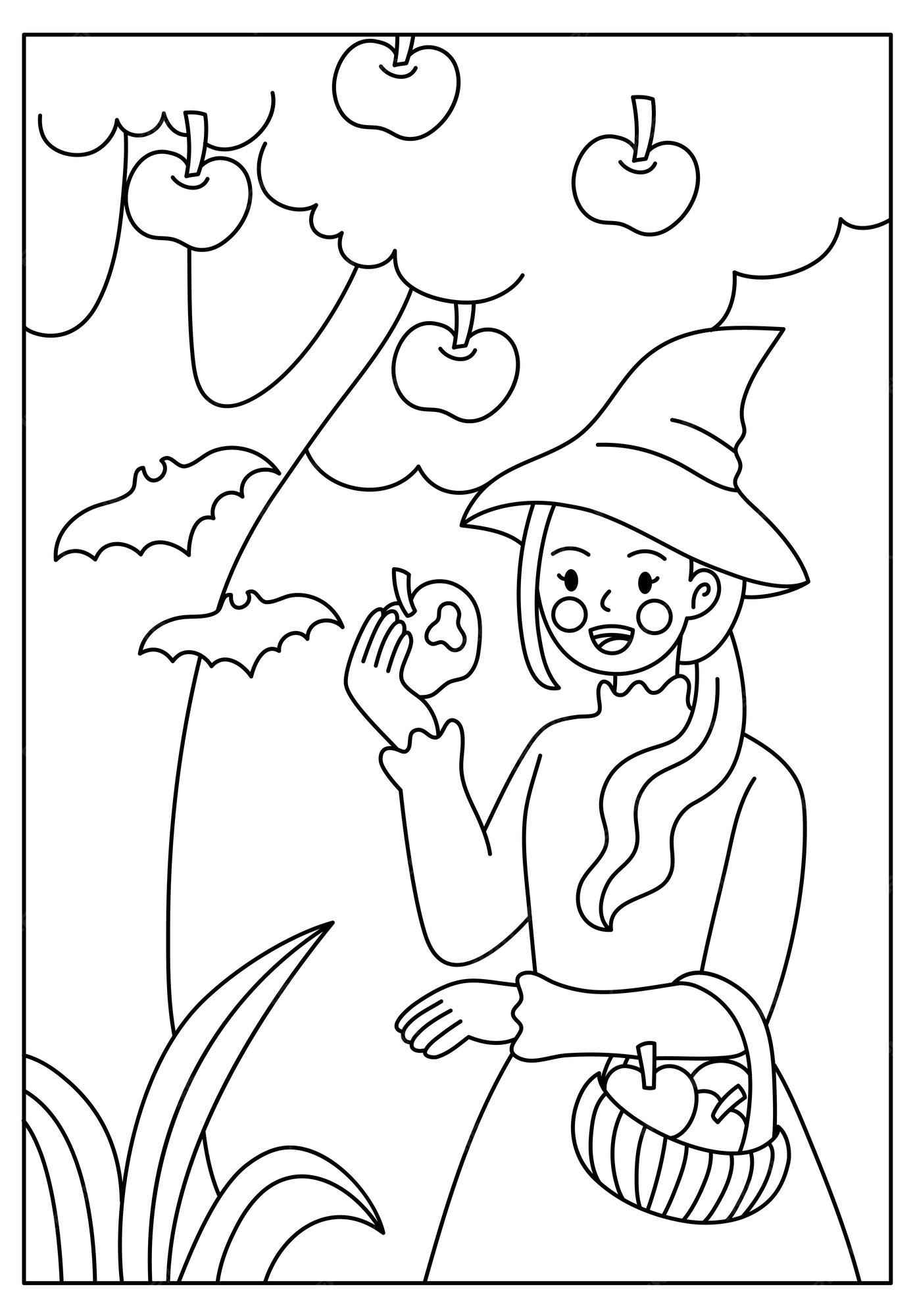 Premium vector cute halloween witch coloring page for kids printable