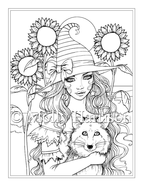 Witch with wolf instant download printable halloween molly harrison fantasy art coloring page jpg x