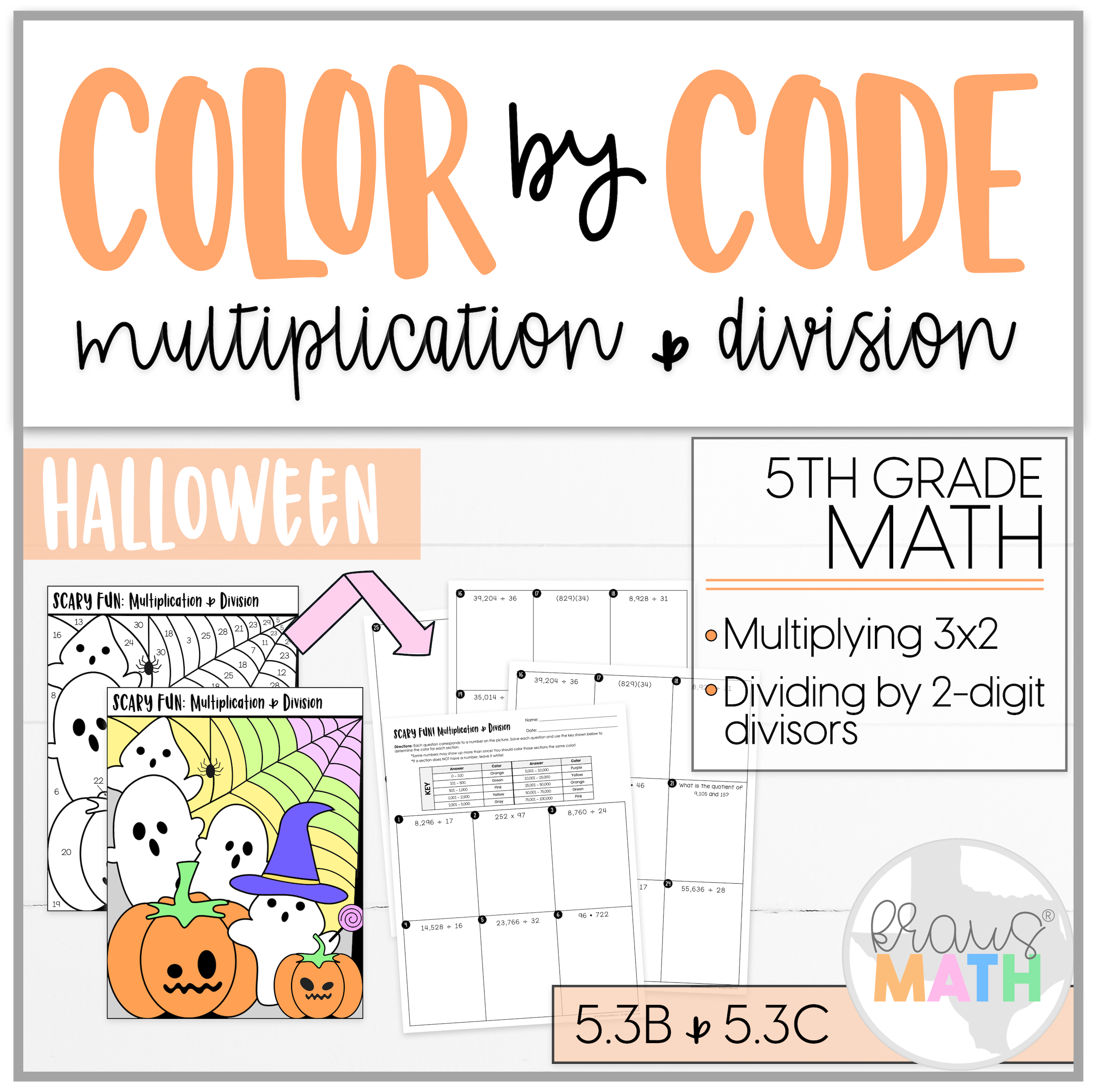 Halloween color by number multiplication division grade
