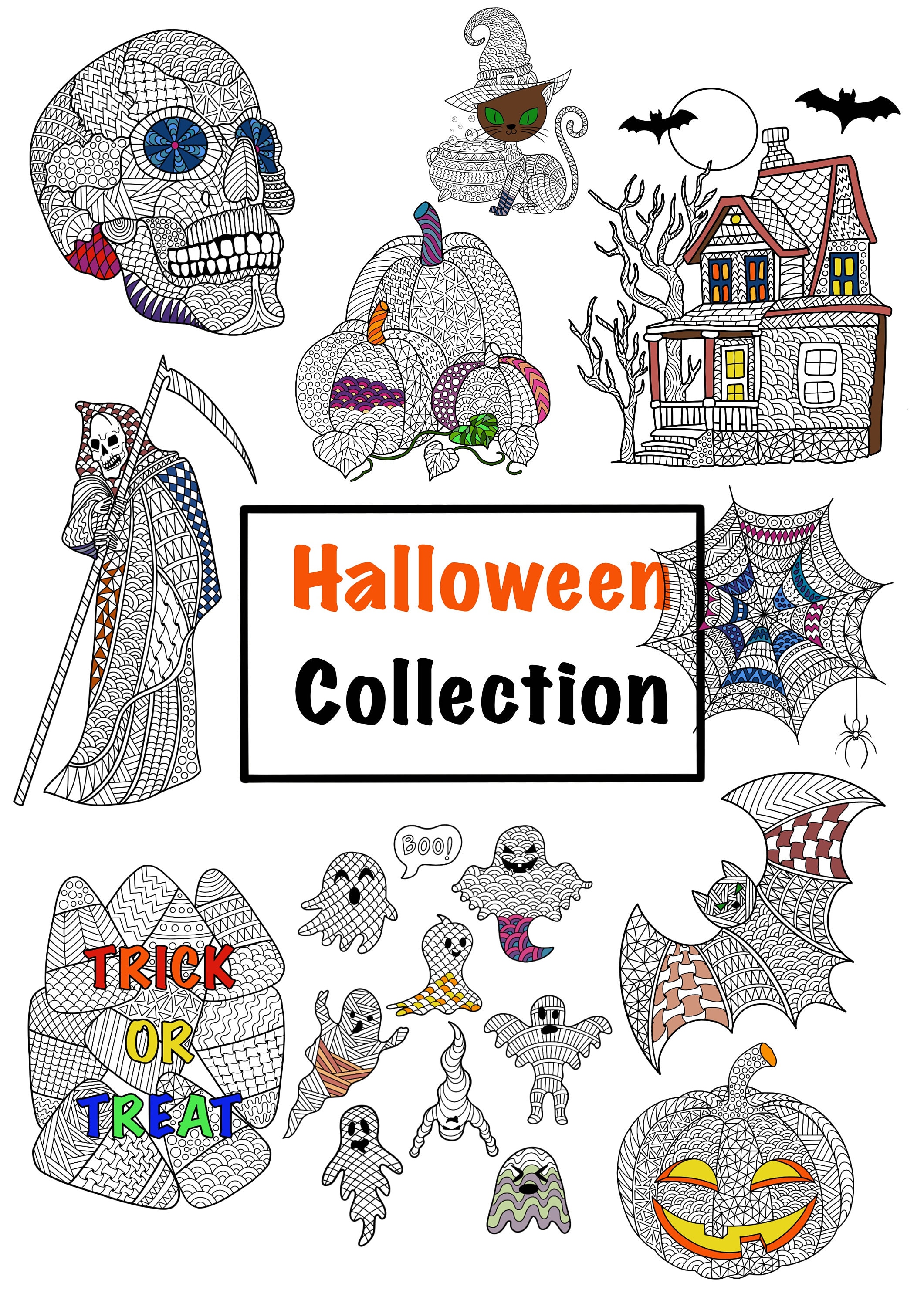 Halloween collection coloring pages zentangle pdf digital download