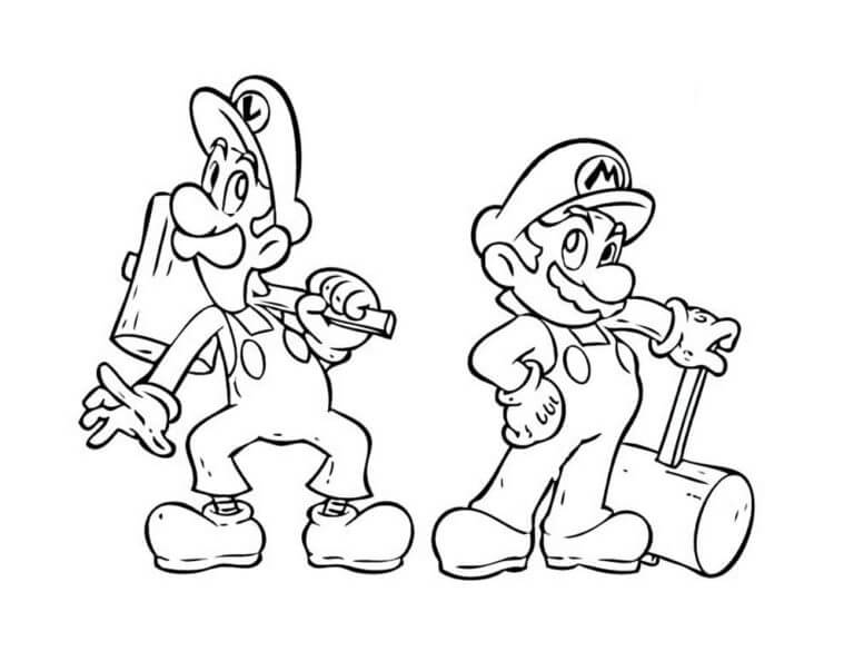 Mario and luigi holding hammer coloring page