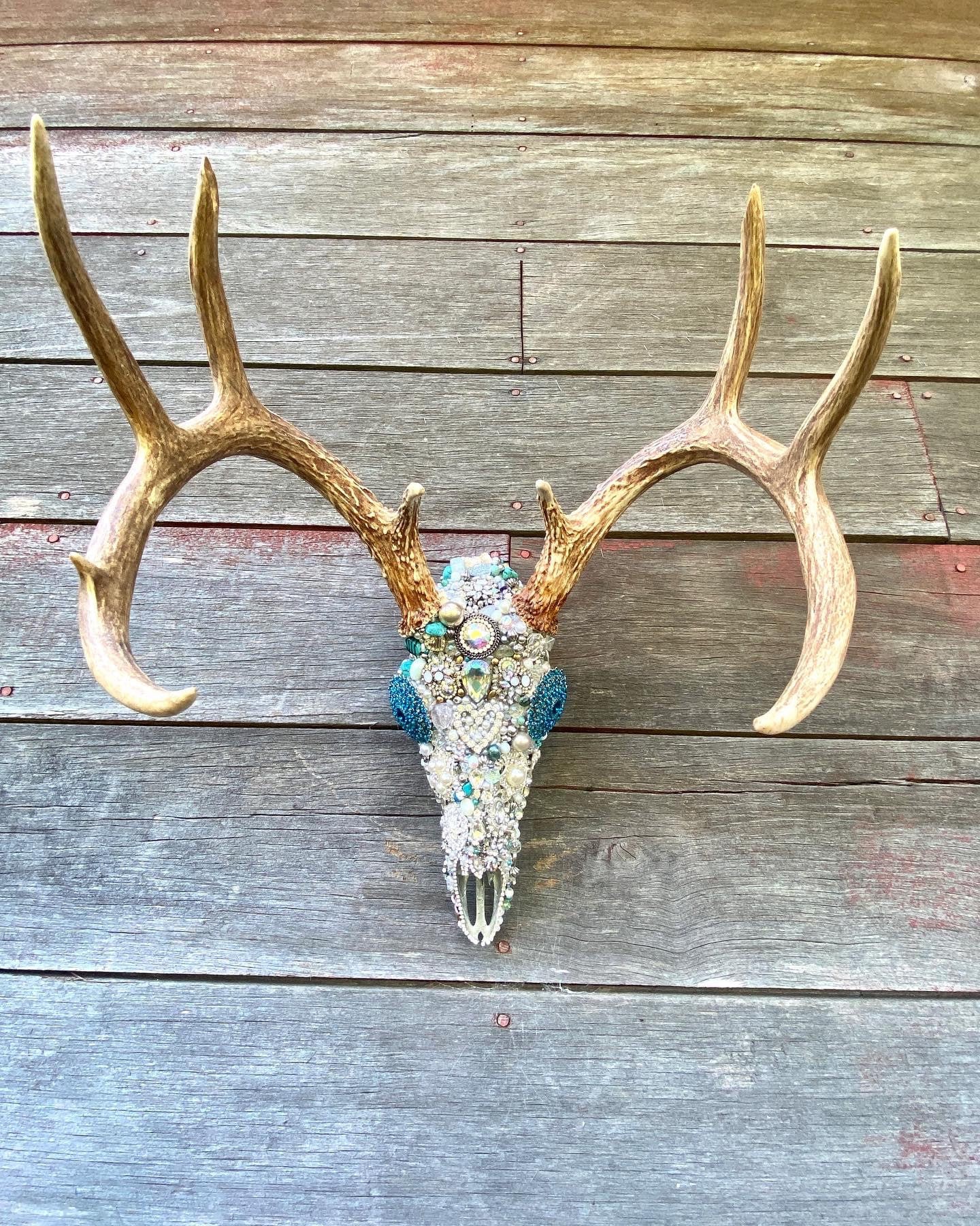 Rhinestone deer skull with antlers hand set with crystals beads stones bling wall art original art repurposed art wreath centerpiece