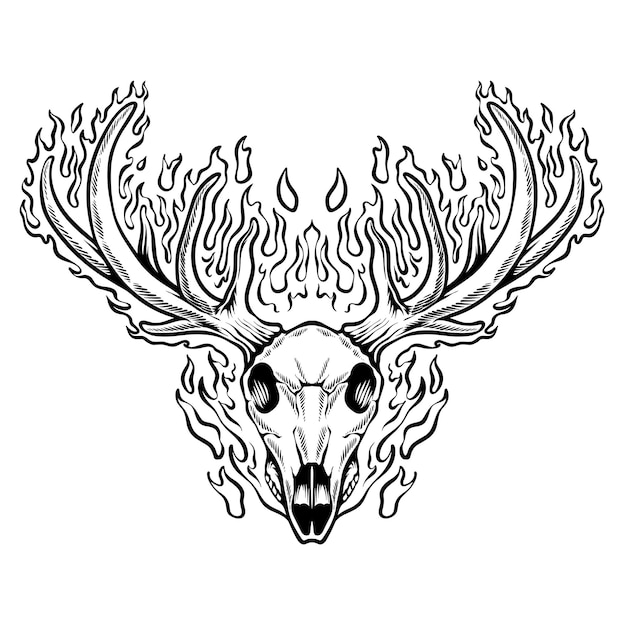 Premium vector deer skull on fireillustration deer design fire coloring page