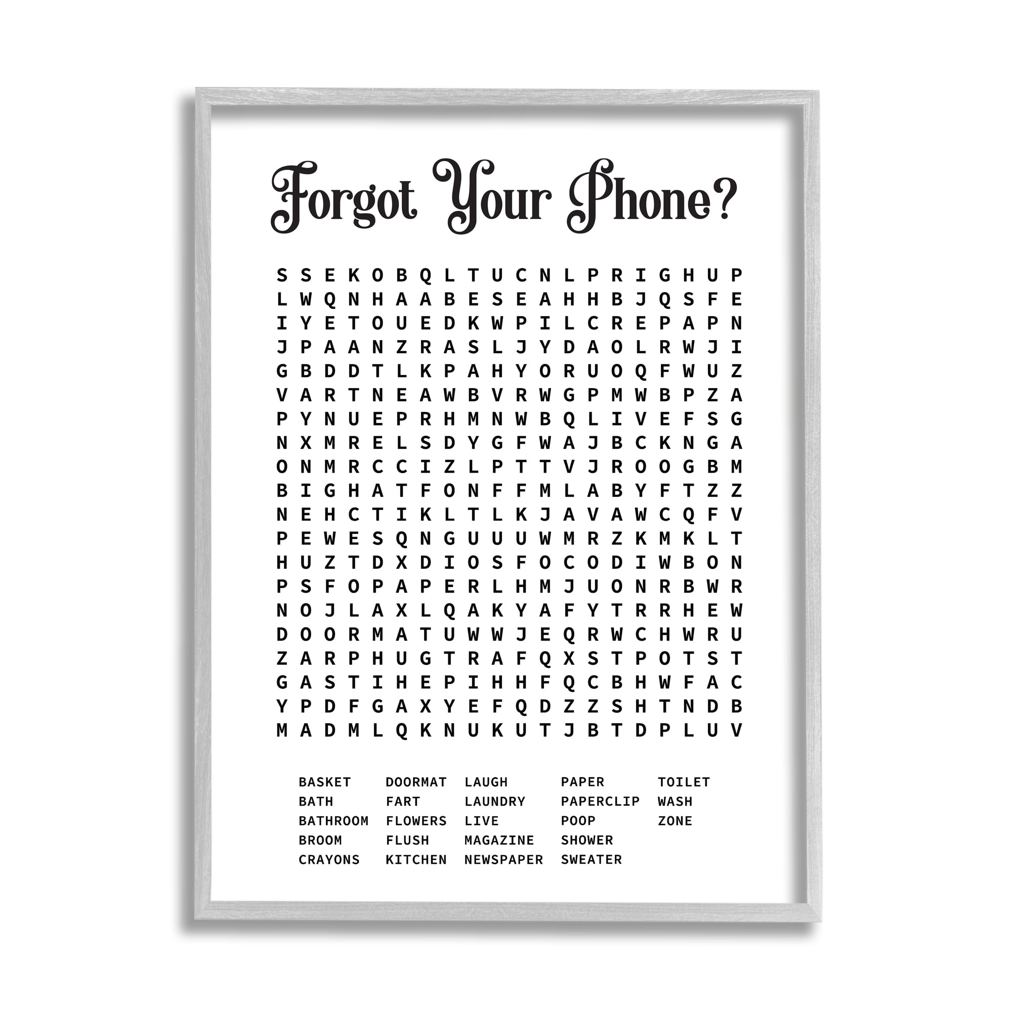 Stupell industries phone crossword puzzle bathroom word design graphic art gray framed art print wall art x by lettered and lined