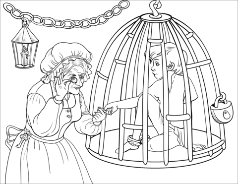 The witch is checking if hansel is enough fat to eat him coloring page free printable coloring pages