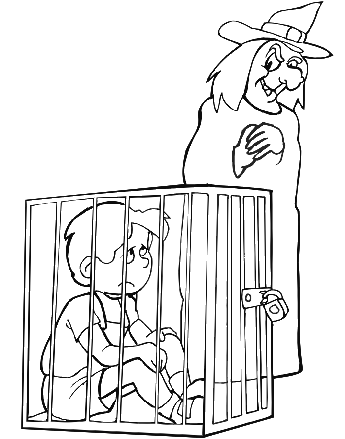 Hansel and gretel coloring page hansel trapped in cage