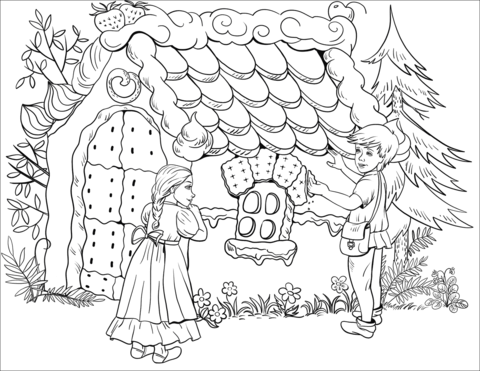 Hansel tastes a bit of the roof of the gingerbread house coloring page free printable coloring pages