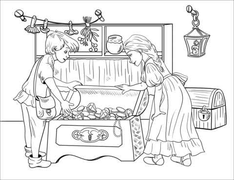 Hansel and gretel discover chests full of pearls and jewels in the witchs house coloring page free printable coloring pages
