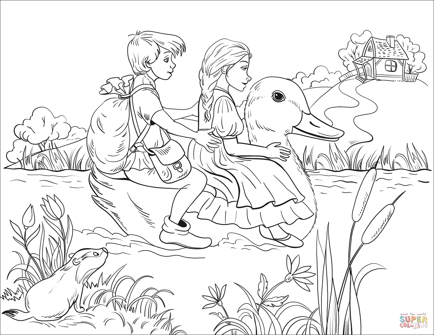 Hansel and gretel are crossing the lake on the back of a white duck coloring page free printable coloring pages