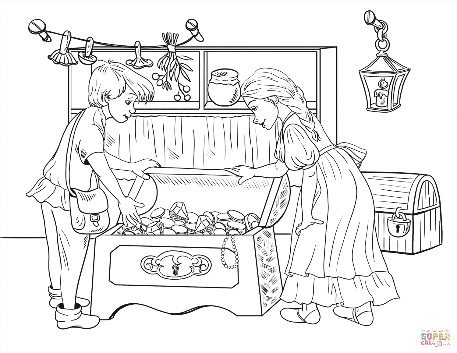 Hansel and gretel discover chests full of pearls and jewels in the witchs house coloring page free printable coloring pages