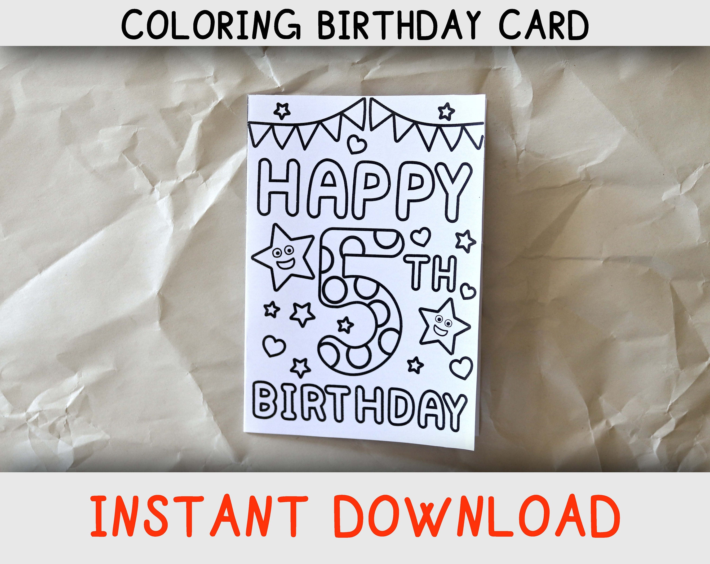 Happy birthday coloring card for five year old who loves coloring pages printable birthday card for th fifth birthday instant download