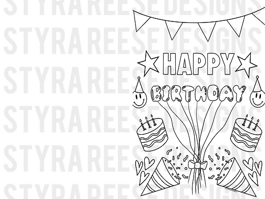 Happy birthday half page diy card coloring sheet styra reese designs