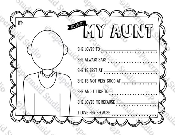 Printable aunt portrait coloring sheet and questionnaire gift card all about my aunt birthday gift for aunt