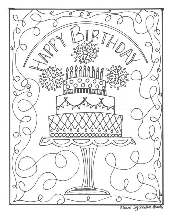 Happy birthday cake coloring page printable coloring page downloadable pdf gift coloring page
