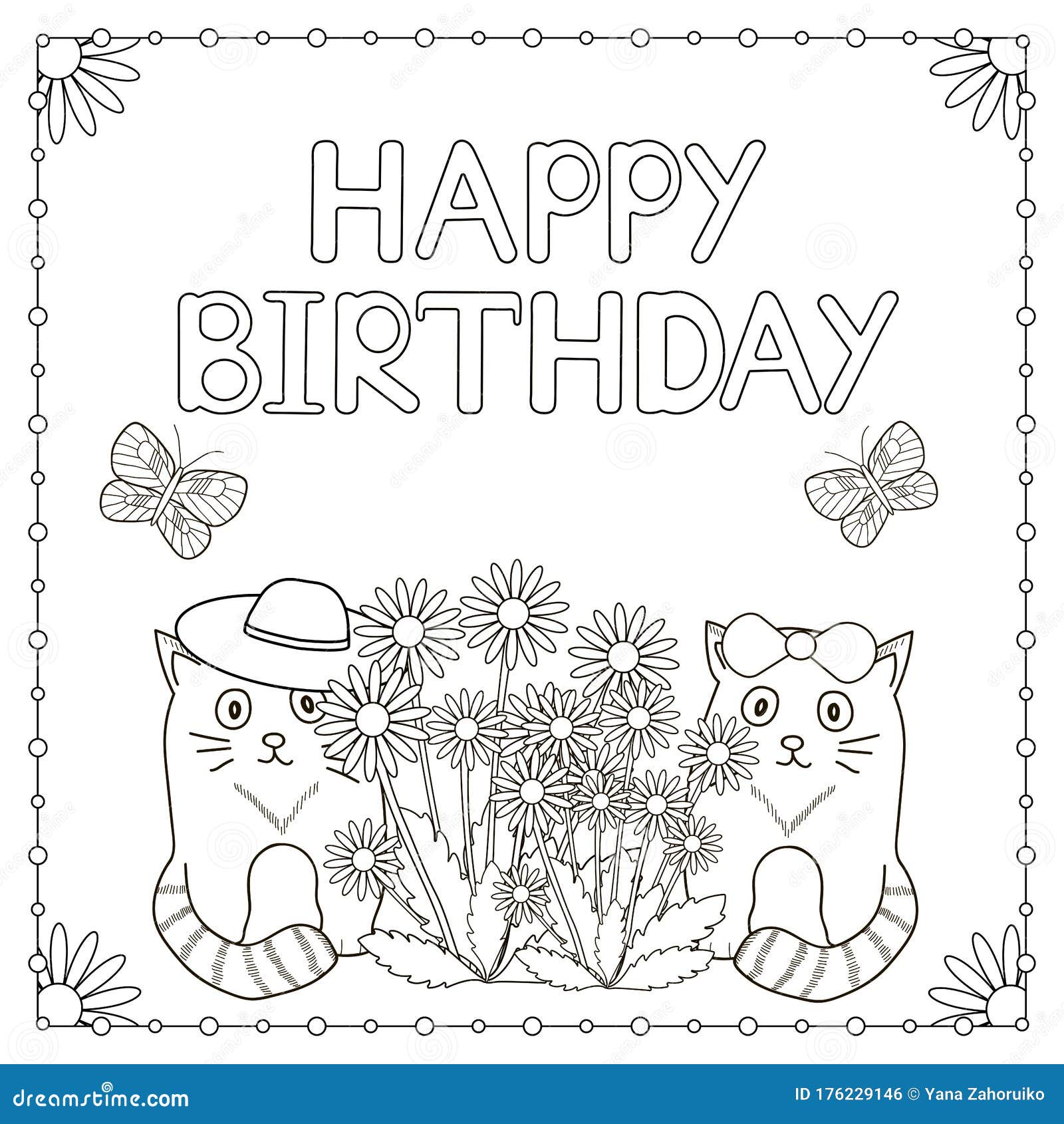 Happy birthday card with flowers cats and butterflies coloring page stock illustration