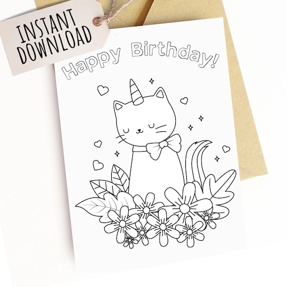 Printable birthday card for kids cat birthday card for girls coloring card for kids tween birthday card for daughter birthday card for niece
