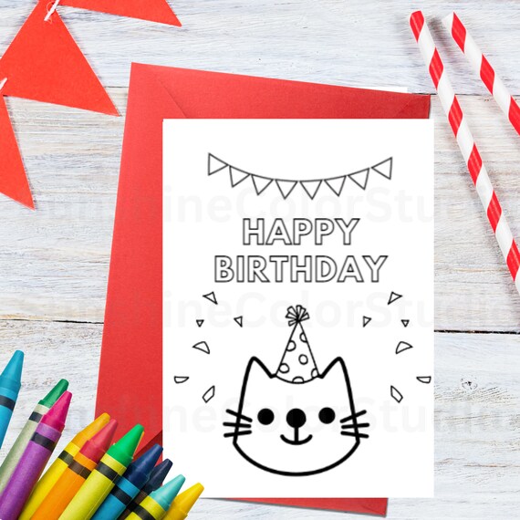 Printable happy birthday cat coloring card sheet kids party activity birthday cards for kids instant download
