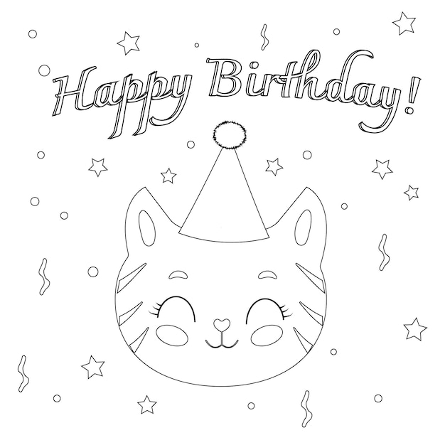 Premium vector happy birthday cat coloring page vector