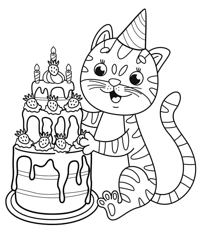 Cat and a birthday cake coloring page