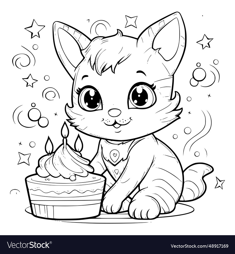 Cat birthday coloring pages drawing for kids vector image