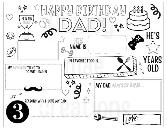 Happy birthday dad coloring page printable all about dad fill in template fathers birthday activity dads birthday printable for kids download now