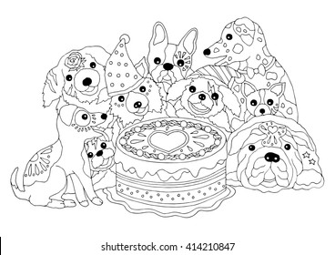 Dogs happy birthday party big cake stock vector royalty free