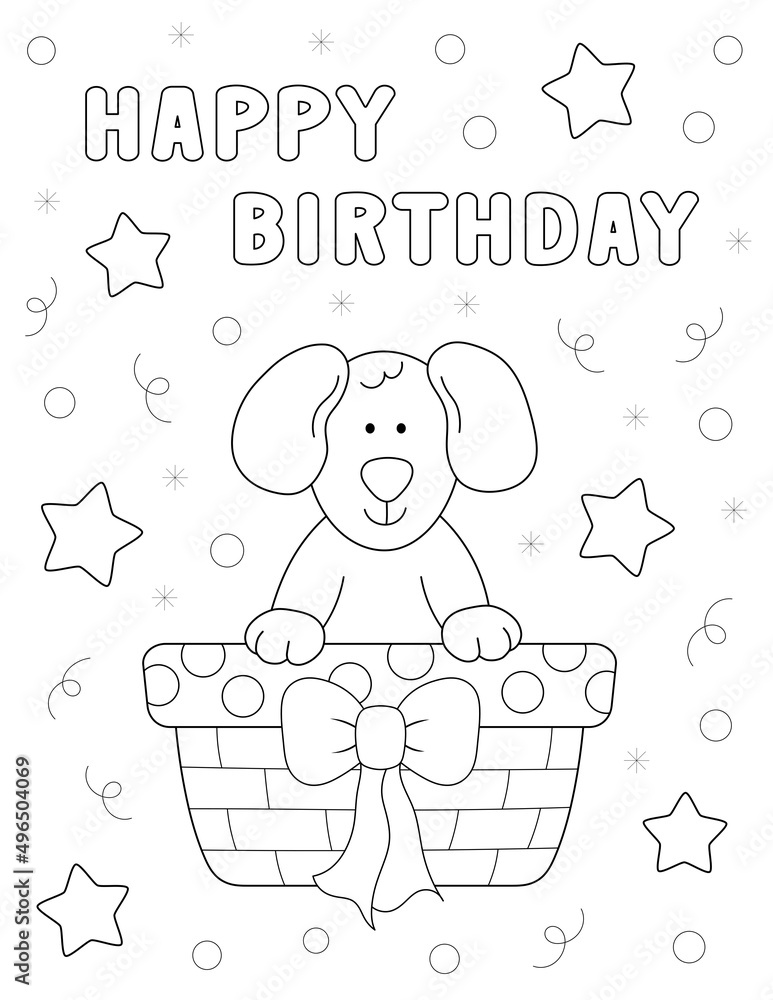Happy birthday coloring page with a cute dog in a gift basket black and white design