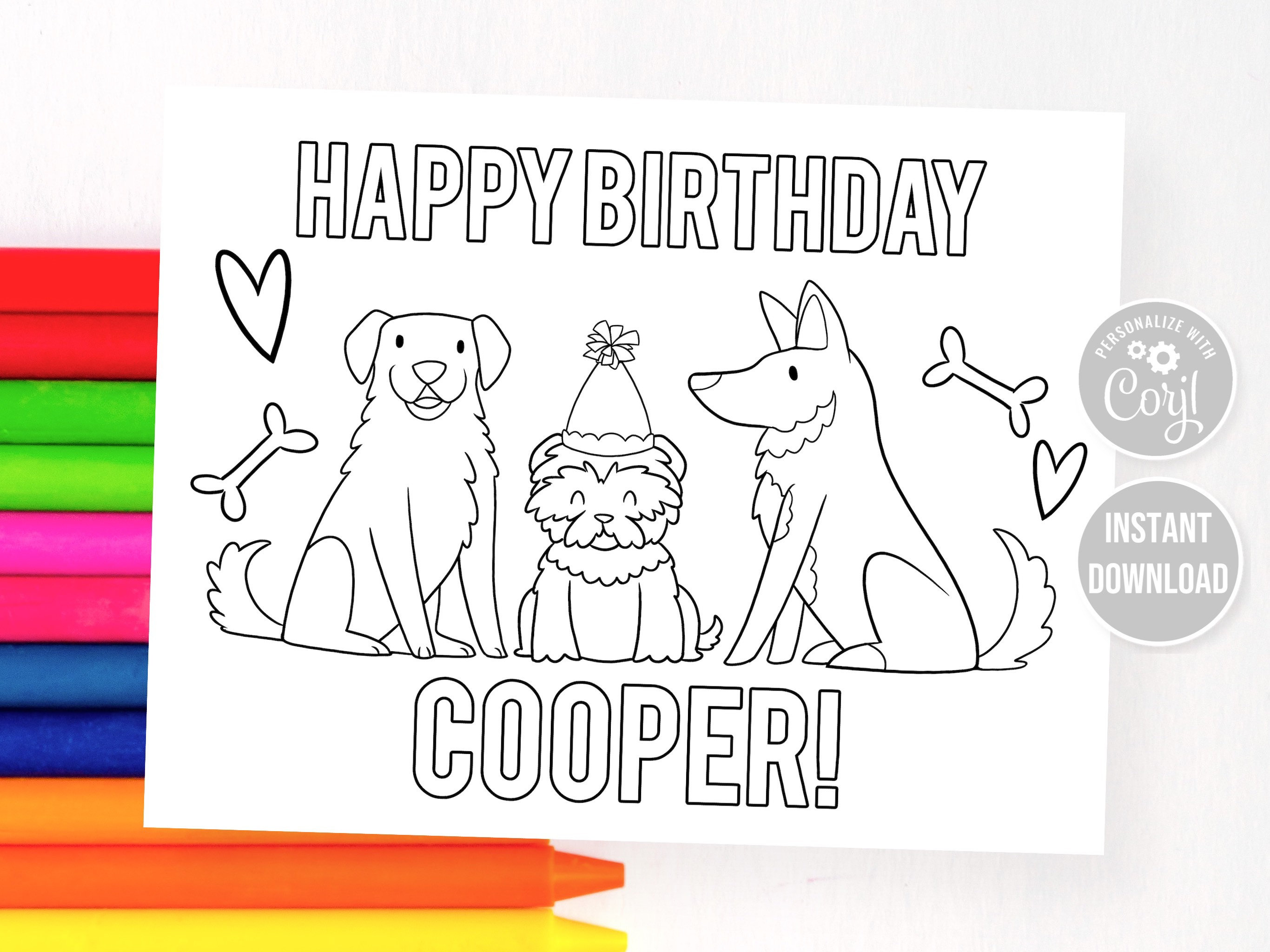Editable dog coloring page birthday party activity dog birthday digital download printable personalized instant download