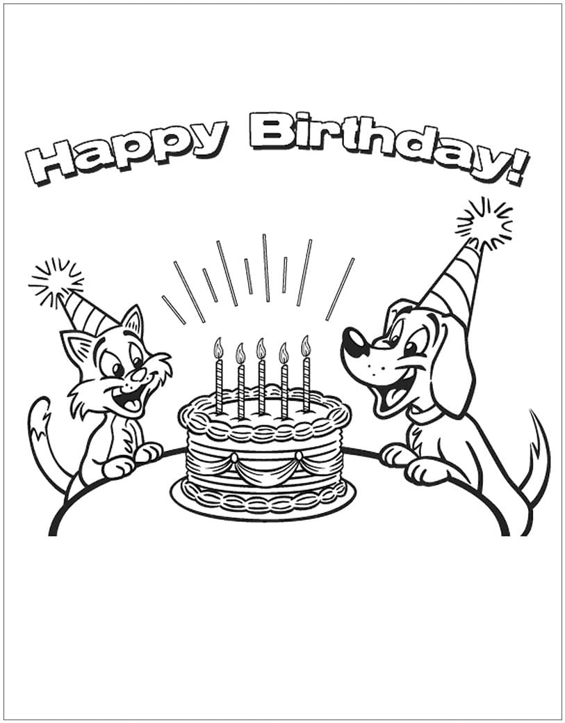 Happy birthday dog and cat coloring page