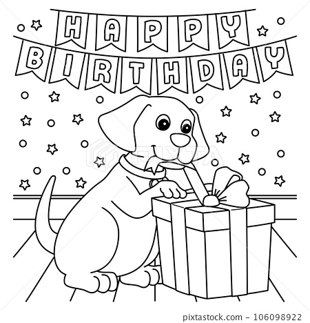 Happy birthday dog with present coloring page