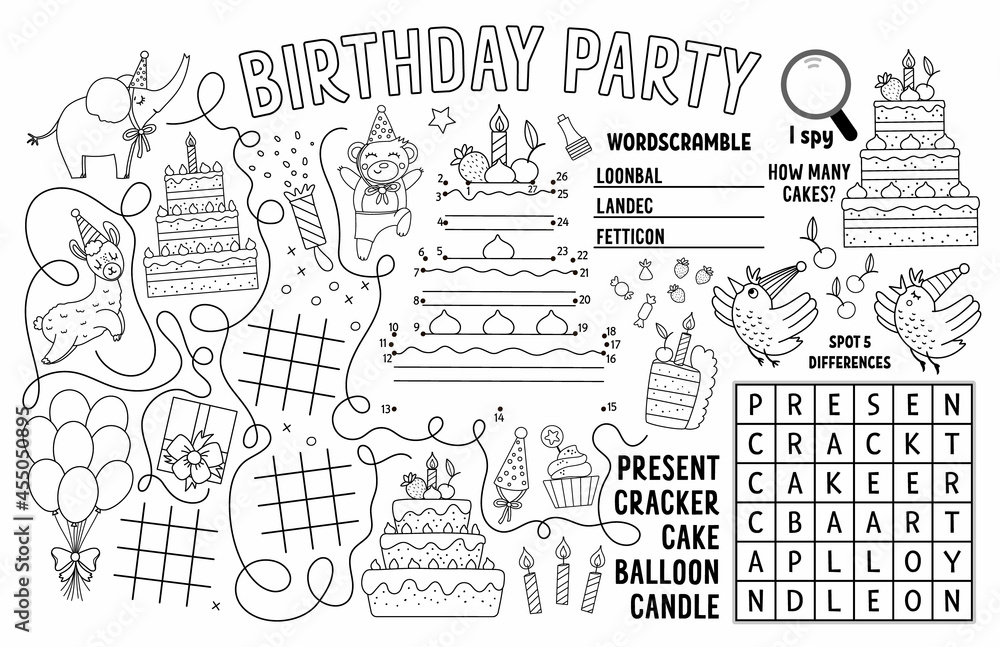 Vector happy birthday placemat for kids holiday party printable activity mat with maze tic tac toe charts connect the dots find difference black and white play mat or coloring page vector