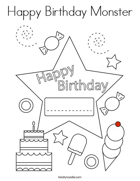 Happy birthday monster coloring page